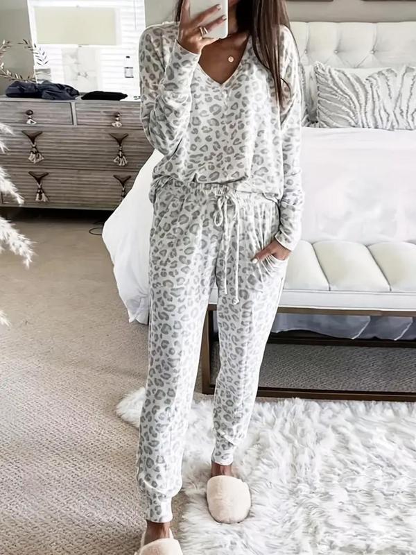 Two-piece Women's Leopard Print Drop Shoulder Top & Drawstring Pants Pajama Set, Casual Comfortable Long Sleeve V-Neck Top & Pocket Trousers Set, Women's Loungewear for Spring & Fall