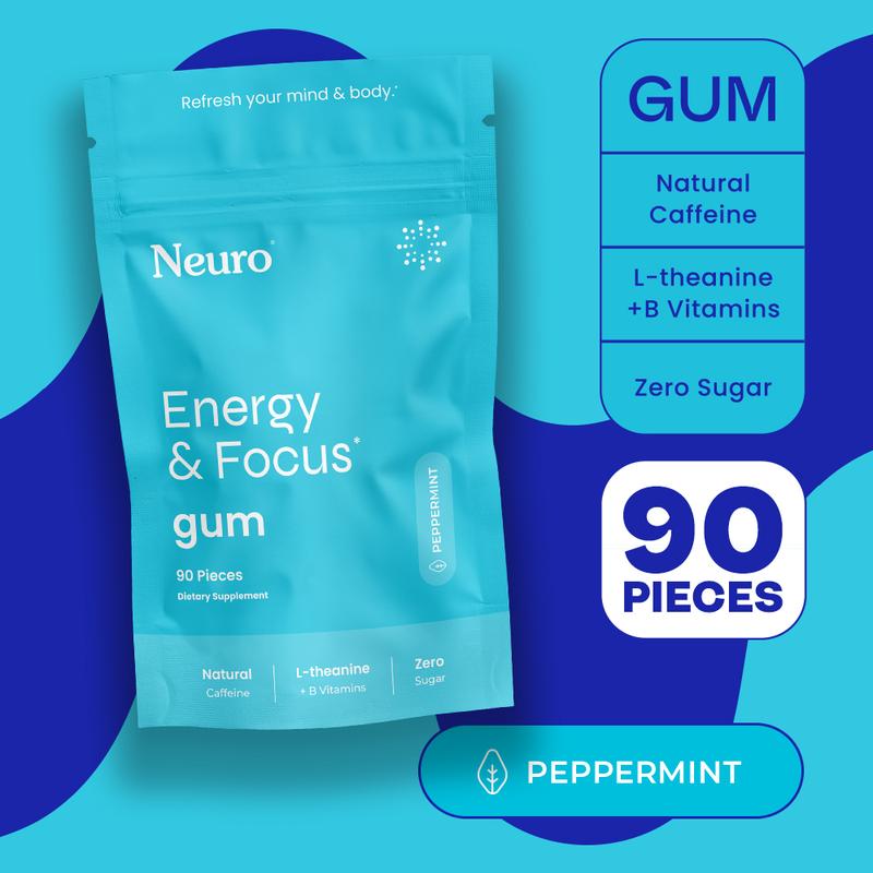Neuro Peppermint Energy & Focus Gum/Mints (90 Pieces) - Sugar Free with Natural Caffeine, L-theanine, Vitamin B12 & Vitamin B6