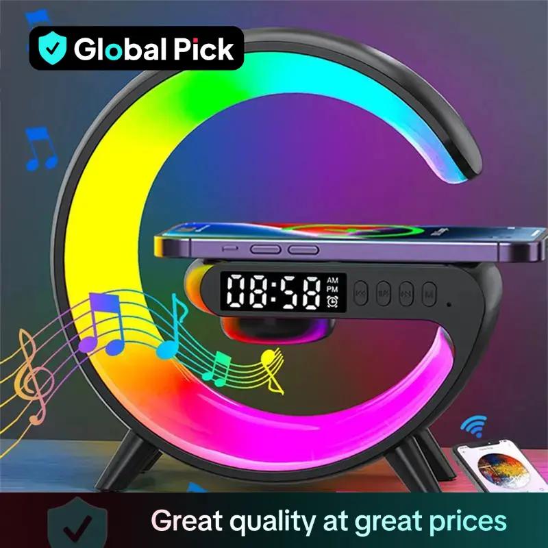 RGB Night Light Lamp Wireless Speaker, Multifunctional Desktop Speaker with Alarm Clock and Wireless Charging Station Pad for iPhone, Samsung, Xiaomi, Huawei
