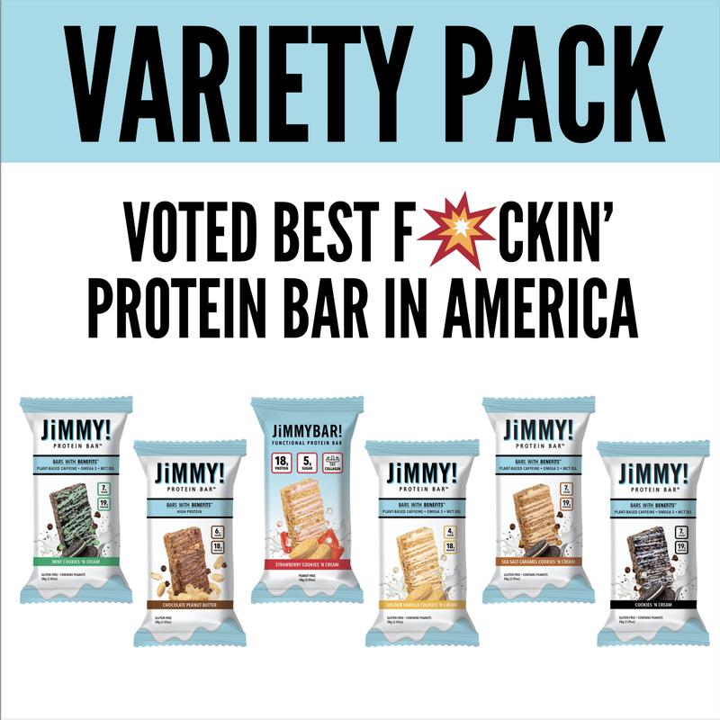 JIMMYBAR! Protein Variety Pack - 20g Protein, Creatine, Collagen, Caffeine, Omega-3s, MCT Oil for Brain Health, Real Peanuts, Chocolate, Strawberry, Vanilla, Caramel Option, Low Salt, Low Sugar, Milk Protein natural snack bar