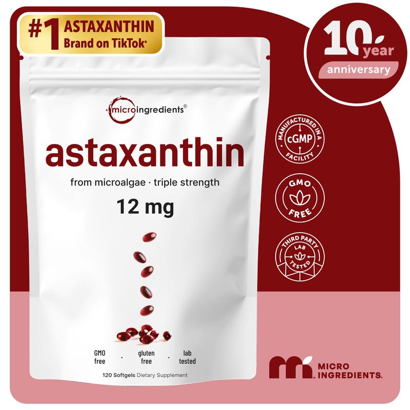 Micro Ingredients Astaxanthin 12mg | Natural Tanning, Fresh Microalgae Source, Easy to Swallow