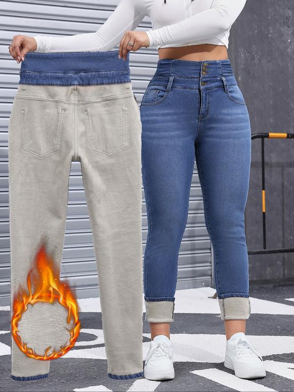 Women's Fleece-Lined Jeans, High Stretch Thick Woven Denim For Winter, Slimming, Fitted And Comfortable Pants, Chic Minimalist Style, Womenswear
