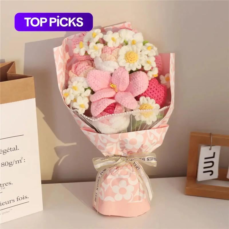 1 Bunch Handmade Knitted Crochet Flower Bouquet Decor, Faux Artificial Flowers, Decorative Faux Flower, Graduation & Teacher's Day Gifts, Room Decor & Gift for Her, Ideal for Weddings, Birthday, Mother's Day