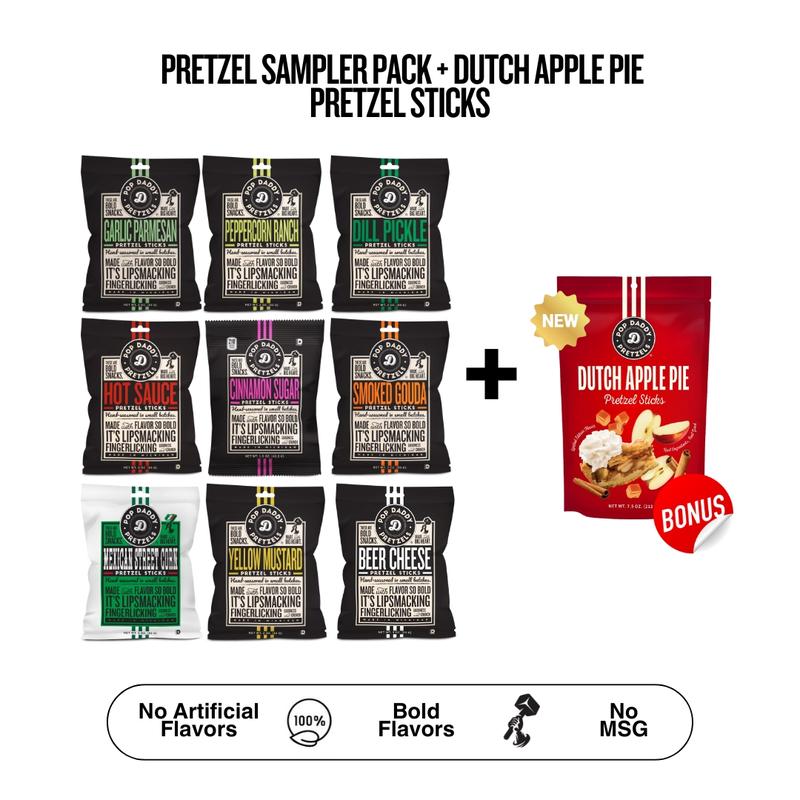 Pretzel Sampler Pack - 9 bags  + DUTCH APPLE PIE PRETZEL STICKS - Pop Daddy Snacks