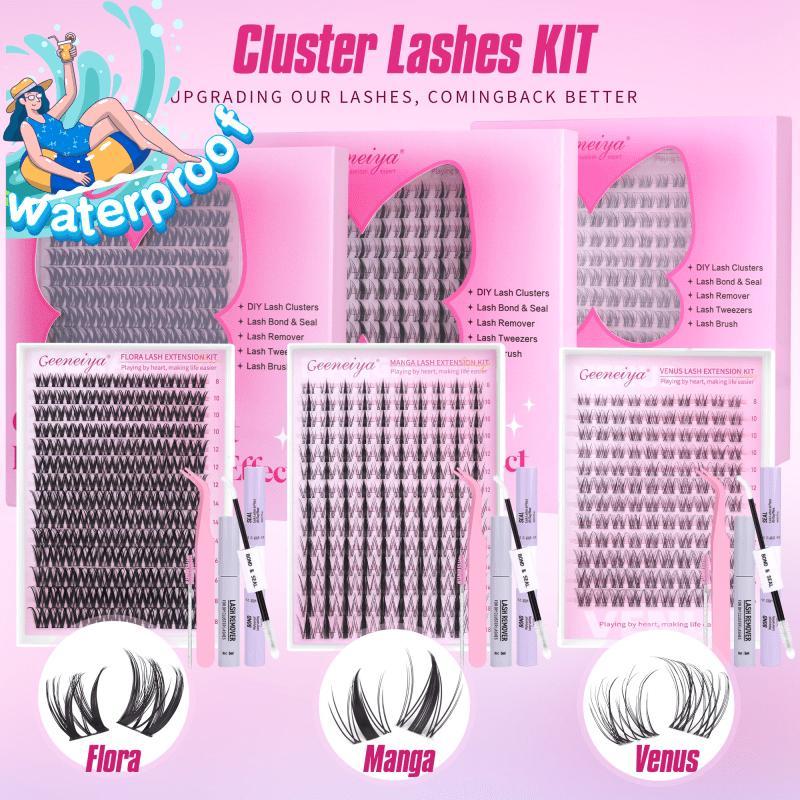 Geeneiya Lashes Waterproof DIY Lash Extension Kit, 8-18MM Wispy Lash Clusters Kit,Ultra-thin Soft Band Eyelash Extension Kit with Waterproof Lash Bond and Seal,Lash Remover,Tweezers for Girls Gift Makeup Cosmetic (Flora/ Venus/ Manga)TikTokShopBlackFriday