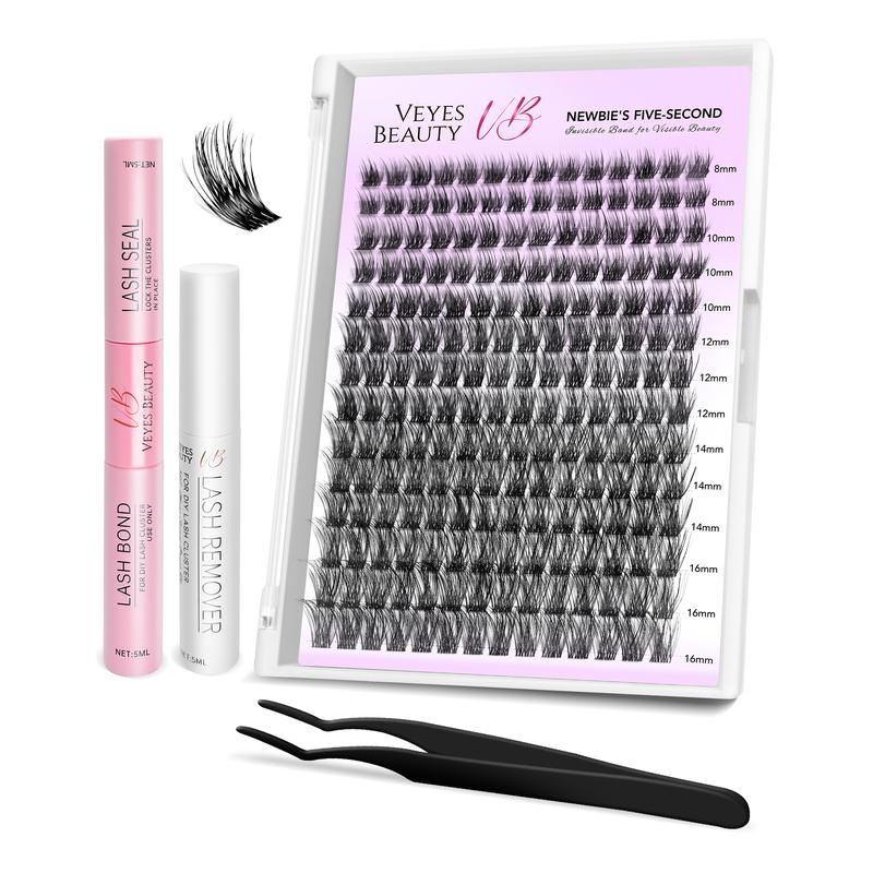 VEYESBEAUTY Dreamy Cluster Lashes Kit Individual Lash Extensions With Bond & Seal+ Tweezer Newbie's Five-Second DIY Dramatic Volume Eyelash Wispy Faux Mink Lash Mixed Length Tray for Self Application at Home Makeup Cosmetic