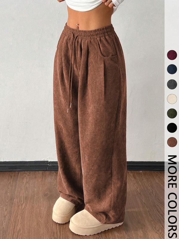 Women's Vintage Basic Loose-Fitting Solid Corduroy Drawstring Adjustable Pants, Casual All-Season Straight Leg Trousers for Autumn & Winter Valentine's Day