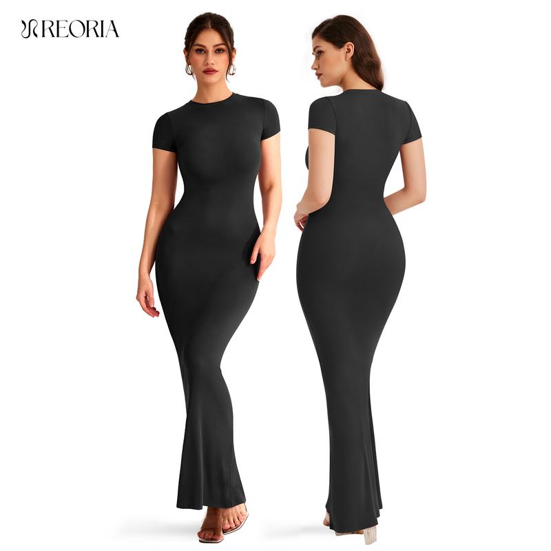 REORIA Women's Sexy Round-Neck Long Dress Beach Vibes Dresses Women's Casual Lounge Long Dress  Elegant Shortsleeve Basic Crewneck Maxi Dresses Lady Womenswear Machine Washable Light Grey+Burgundy Minimalist Fit