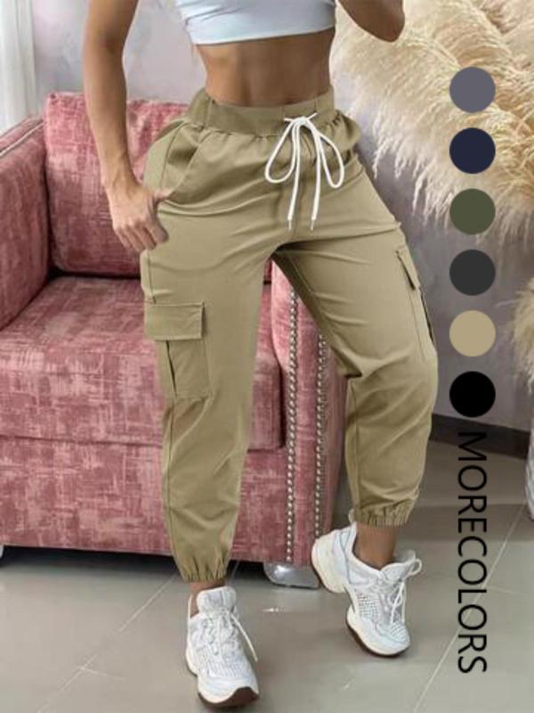 Women's Plain Drawstring Waist Cargo Pants, Casual Pocket Trousers for Daily Wear, Ladies Bottoms for All Seasons, Casual Fit Pants