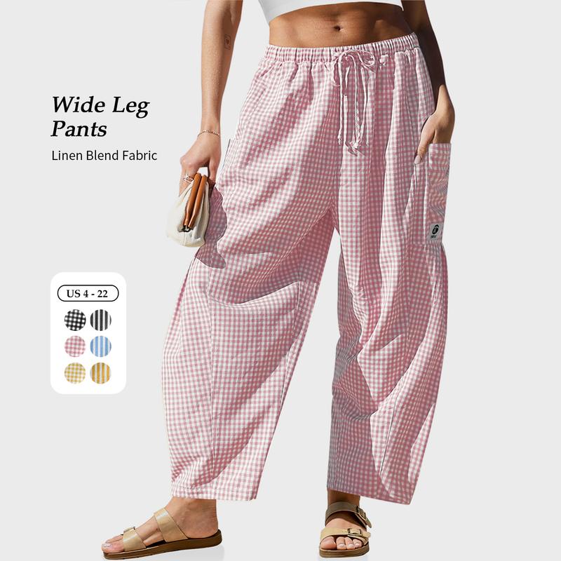【SS26 Collection】TARSE Womens  Wide Leg Gingham Striped Plaid Pants Casual Barrel Loose Drawstring Low Waist Palazzo Harem Pants with Pockets