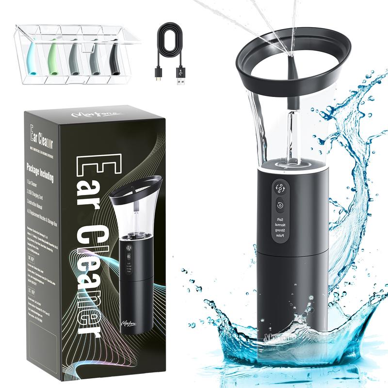 Morfone Electric Ear Wax Removal Rechargeable Water Spray with Temp Detection 4 Pressure Levels IPX6 Waterproof Deep Ear Cleaning System Earwax Remover Black
