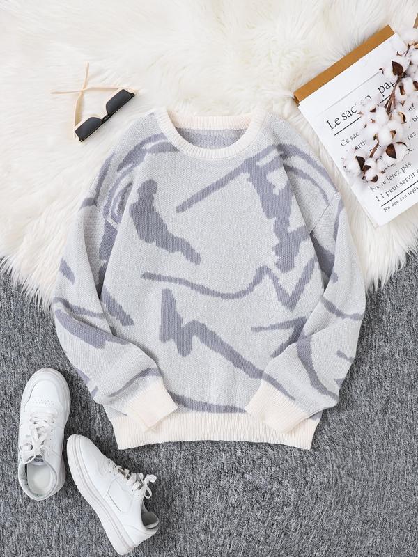 Men's Pop Art Print Drop Shoulder Sweater, Regular Fit Casual Colorblock Long Sleeve Round Neck Jumper For Fall, Fashion Men's Knitwear For Daily Wear