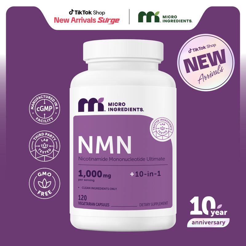 Micro Ingredients NMN Complex 1,000mg Per Serving, 10-1 Complex, Zero Filler, Pure NMN 500mg with Vitamin C, Resveratrol, CoQ10, TMG, Quercetin, & Glutathione | NAD+ Supplement Precursor
