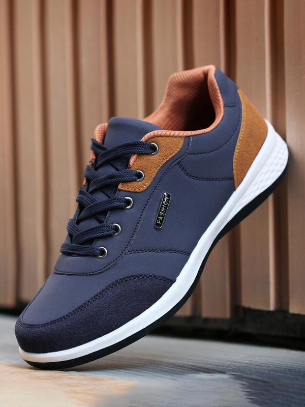 Summer 2024 Men's Simple Design Round Toe Lace Up Running Shoes As Gift, Colorblock Breathable Sneakers, Patched Design Sneakers for Daily Wear, National Day Offers