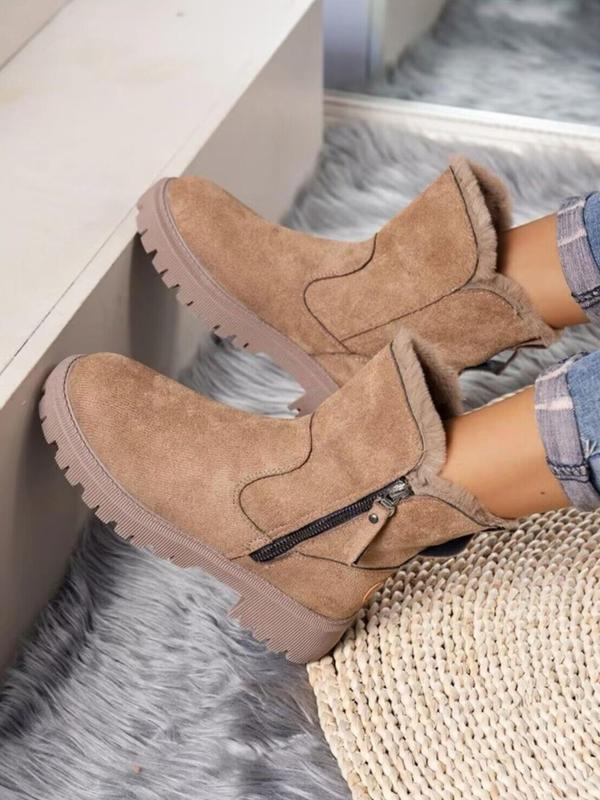 Women's Fashion Plain Side Zipper Design Thick Plush Snow Boots Winter Booties, Casual Comfortable Thermal Lined Boots for Fall & Winter Wear, Please Take One Size Larger