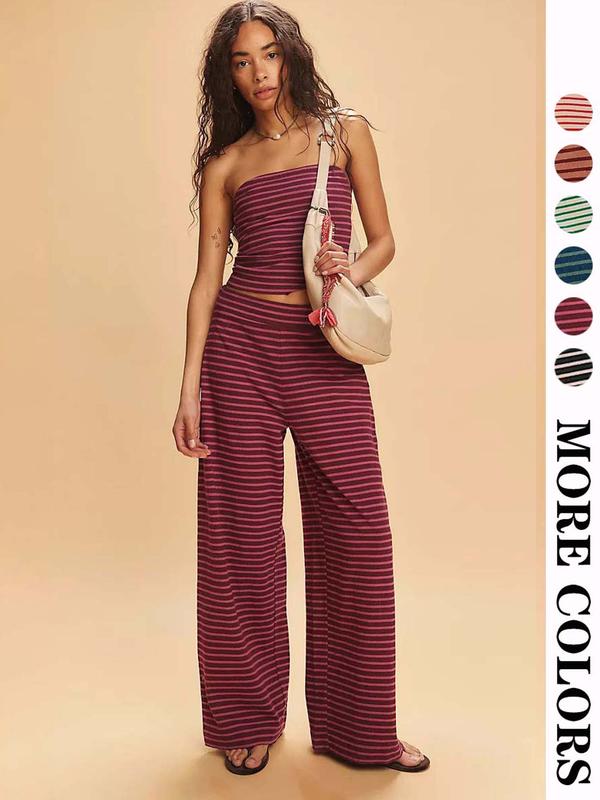 Women's Striped Print Crop Tube Top & Wide Leg Pants Set, Street Fashion Casual Two-piece Set for Daily Wear, Women's Summer Clothes, Cute Summer Outfit