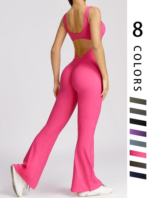 Women Sleeveless Flare Jumpsuits Sexy Backless Tank Tops Bodycon Scrunch Butt Yoga Rompers Seamless Unitard Playsuit Sportswear