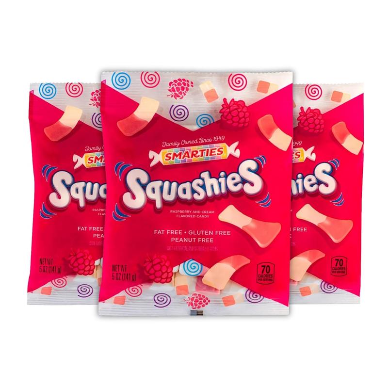 Smarties Squashies 3 pack Foam Marshmallows Gummies Candy Gluten Free Gummy Candy Bulk Peanut Free Perfect for Birthday & Holiday Party Favors & Raspberries Flavored 5 oz Candy Bags