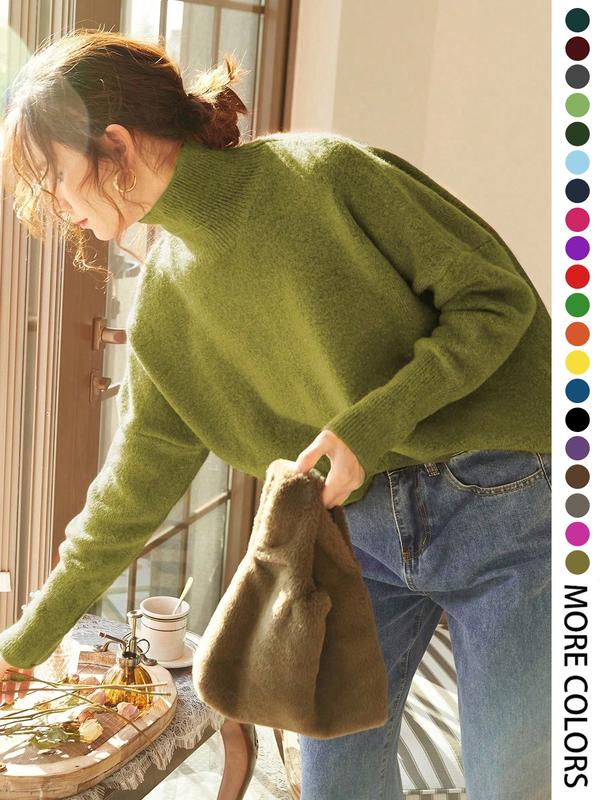 Autumn Winter Women's Sweater, High Neck Loose Casual French Style Knitwear, Elegant Simple Solid Color Pullover, Long Sleeve Knit Top