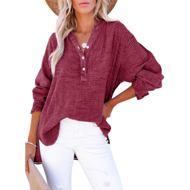 Dokotoo Women's Casual Button V Neck Long Sleeve Shirts Oversized Solid Blouses Tops 100% Cotton Boyfriend Style Loose Fit