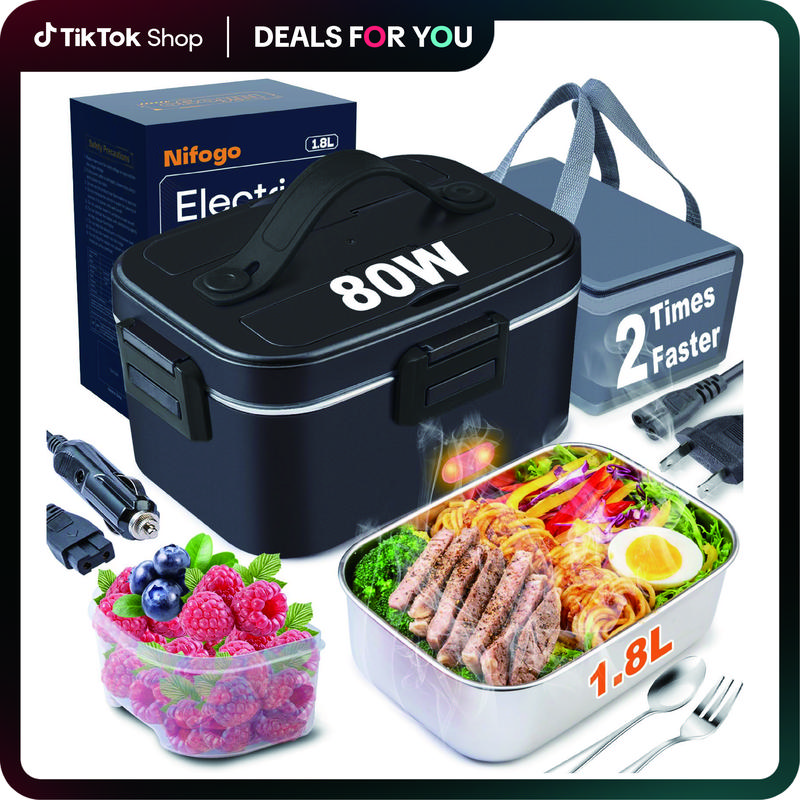 Nifogo Electric Lunch Box, 80W Food Heater 1,8L for Adults Portable Food Heater with Tableware and Lunch Bag, Car & Home Portable Electronic Food Heater for Home Office Travel