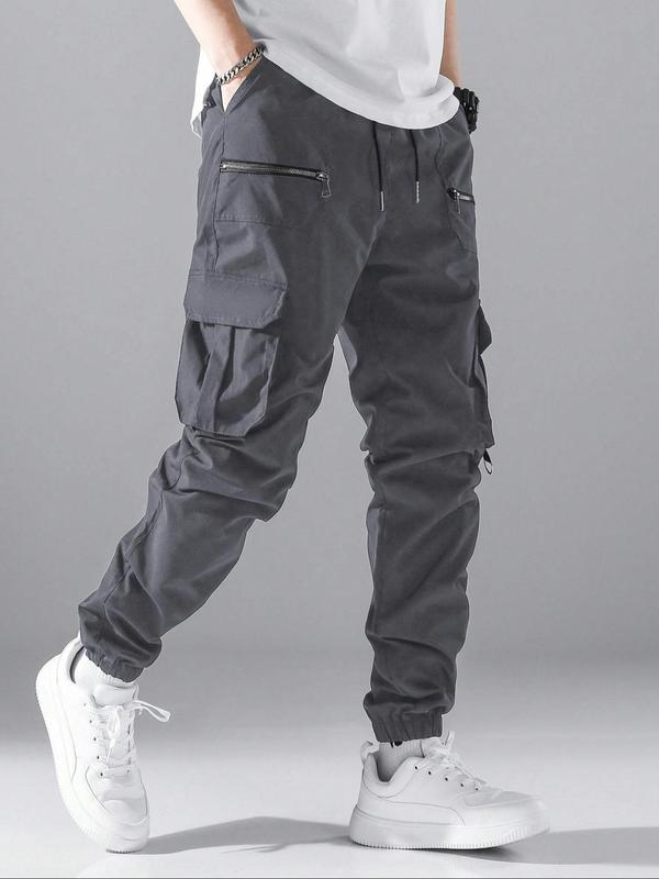 Men's Loose Solid Color Cargo Pants with Drawstring Waist, Zipper and Pockets, Street Fashion Jogger Trousers for Daily and Outdoor Wear, Suitable for All Seasons, Menswear