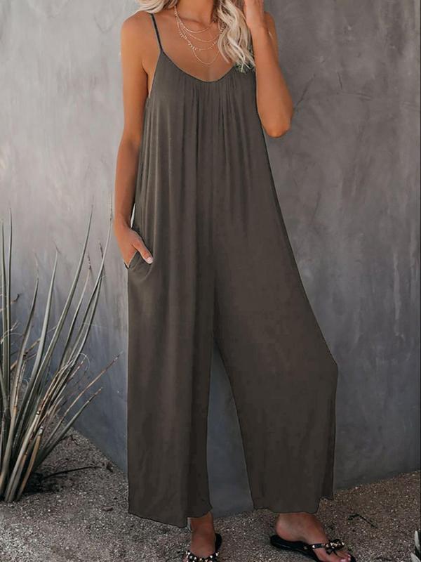 Women's Plain Pocket Adjustable Spaghetti Strap Sleeveless Breathable Knit Jumpsuit, Summer Outfits 2024, Summer Clothes Women Casual Wide Leg Cami Jumpsuit for Summer Beach Holiday, Ladies Summer Clothes