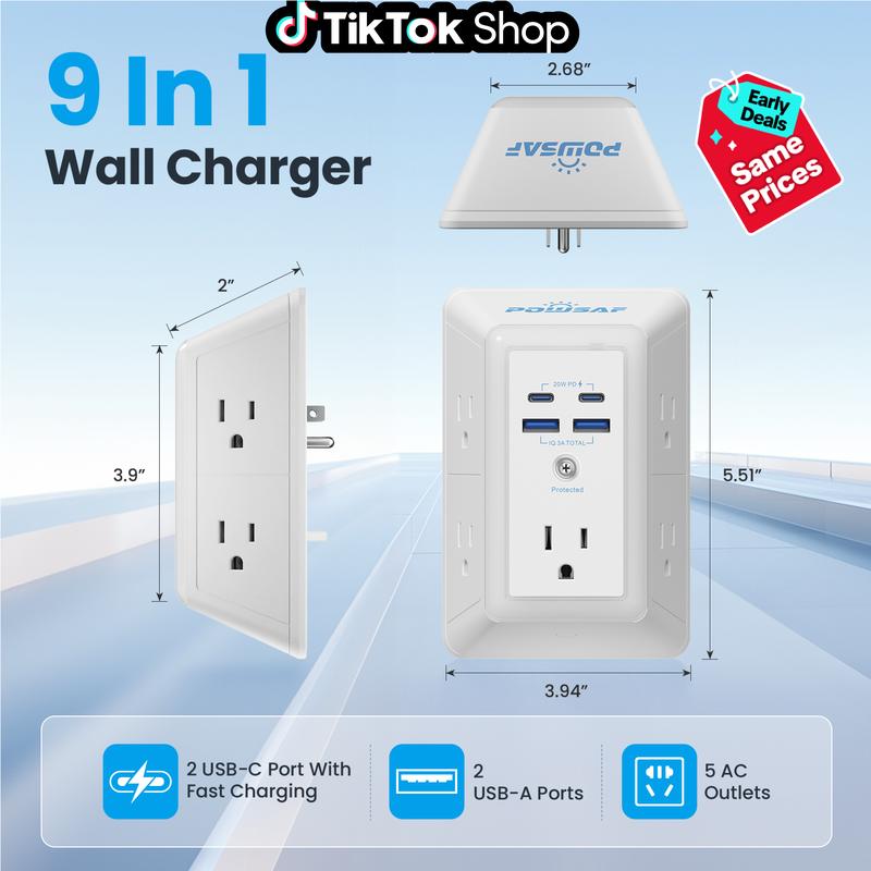 Multi Plug Outlet Surge Protector -SummerVibes- POWSAF 5 Outlet Extender with 4 USB Ports(2 USB-C Fast Ports) and Night Light, 3-Sided Power Strip with Adapter Spaced Outlets - ETL Multiple Sockets