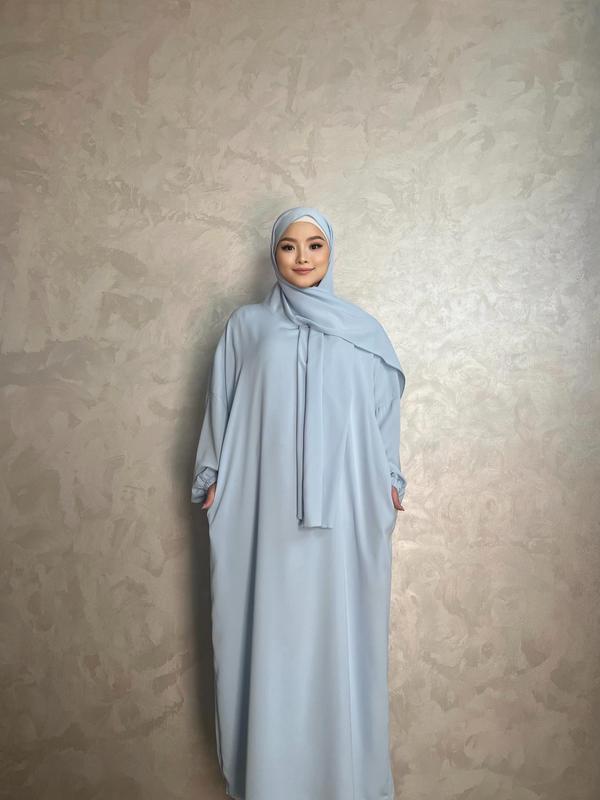 Women's Solid Drop Shoulder Hooded Kaftan & Hijab Set, Modest Bishop Sleeve Pocket Dress & Hijab for Daily Wear, Women's Islamic Clothing, Modest Clothes, Muslim Women Gowns