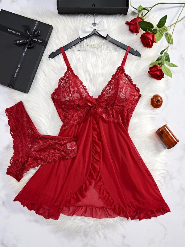 Women's Contrast Lace Ruffle Trim Wrap Cami Nightdress & Bow Front Panty Set, Adjustable Spaghetti Strap Backless Nightgown & Knicker Set, Ladies Summer Clothes, Summer Outfits 2024, Nightwear
