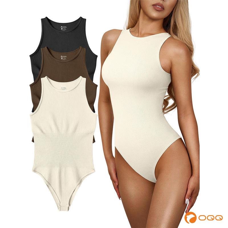 OQQ Women's 3 Piece Bodysuits Sexy Ribbed Sleeveless Crew Neck  Stretchy Bodysuits Womenswear Trendy