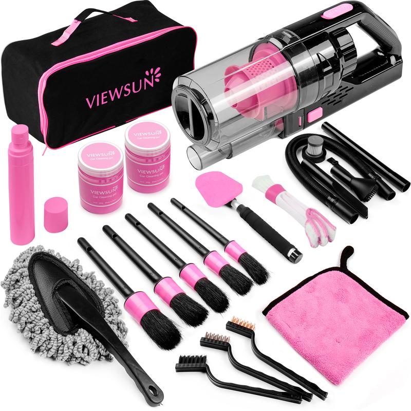 【fathersdaygift】Viewsun 17pcs Car Cleaning Kit, Pink Car Interior Detailing Kit with High Power Handheld Vacuum, Detailing Brush Set, Windshield Cleaner, Cleaning Gel, Complete Auto Accessories for Women Gift,Summervibes