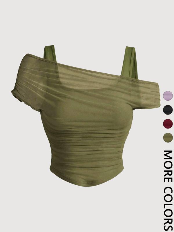 Women's Asymmetric Neckline Ruched Crop Top, Trendy Womenswear Mesh Top for Club, Date Night & Vacation