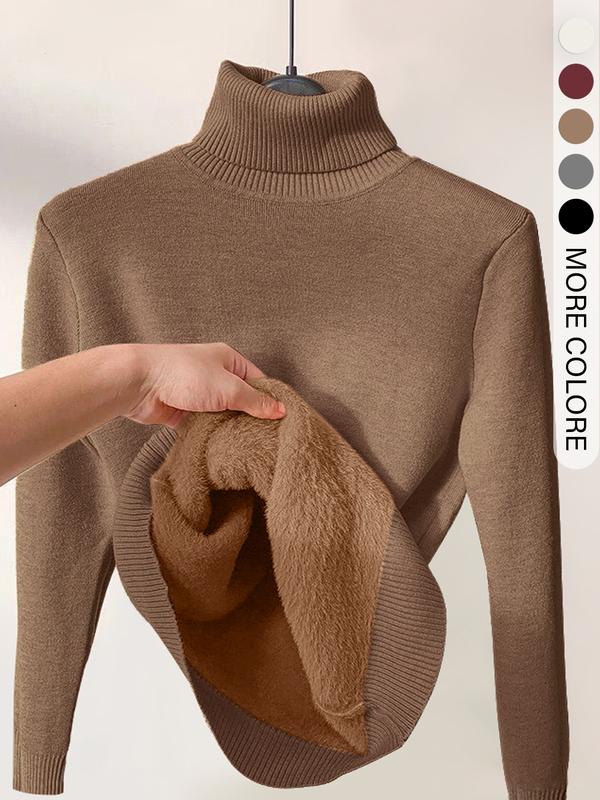 Women's Solid Thick Thermal Lined Drop Shoulder High Neck Sweater, Casual Solid Long Sleeve Jumper For Daily Outdoor Wear, Women Knit Top for Fall & Winter