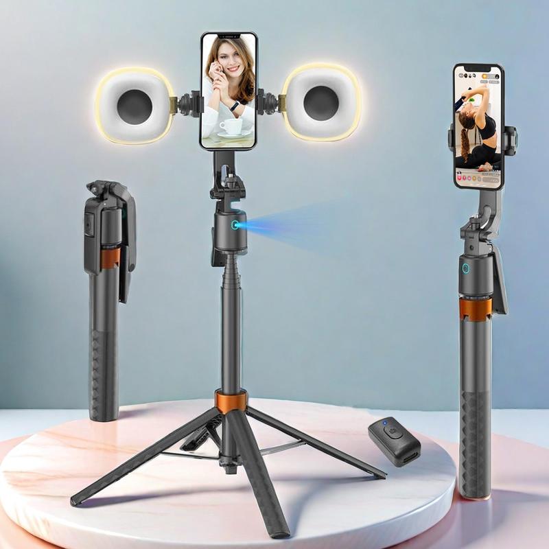 360° Rotatable Adjustable Selfie Stick Tripod, Rechargeable Smart Face Tracking Tripod with 2 Fill Lights, Auto Face Tracking Phone Holder for Vlog, Live Streaming, Remote Tripod