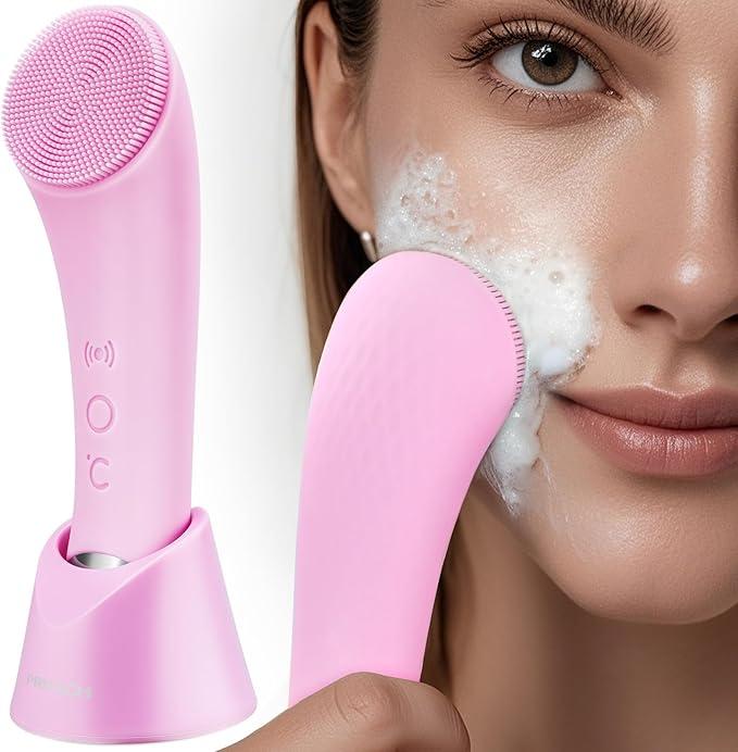 Facial Cleansing Brush, PRITECH Heatable Vibrating Face Scrubber with Massage, Silicone Face Scrubber for Women & Men, Electric Facial Cleanser for Deep Cleansing, Gentle Exfoliating (Pink)   mothersdaygift