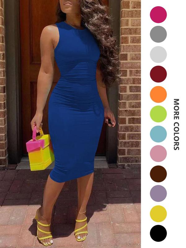 European Women's Spring Summer Fashion Casual Plain Midi Dress, Sleeveless Slim-Fitting Basic Dress, No Pockets, Versatile