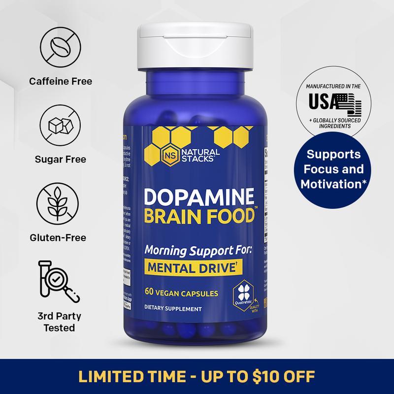 Dopamine Brain Food Supplement w/L-Tyrosine - Promotes Mental Drive, Clarity & Focus - Support Mental Energy - 60 Capsules
