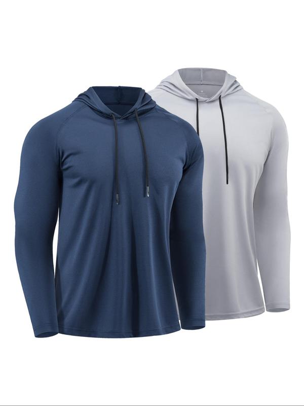 Men's Sporty Long Sleeve Hooded Sweatshirt, Fitted Plain Knit Fabric, Ideal for Running, Fitness, Casual Wear, Fall & Winter