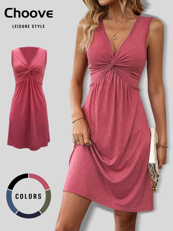 Women's Casual Dress Style Chic Sleeveless Short Dress, Cross Neck, Twist Design, Ruched A-Line Hem, Slim Fit, Soft Lightweight Fabric, All Seasons Wear, Summer, Womenswear