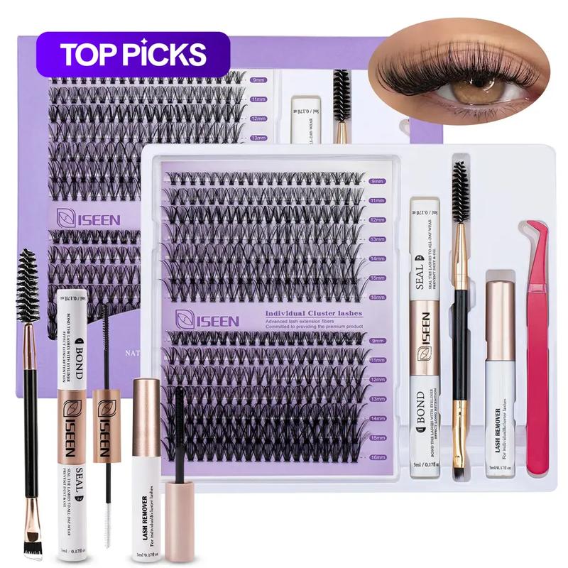 False Eyelashes Kit, 1 Set D Curl Eyelash Clusters, Fluffy Eyelash Clusters with Eyelash Glue, Remover, Brush & Tweezers, Eyelash Extension Kit for Women & Girls, Volumized False Eyelashes