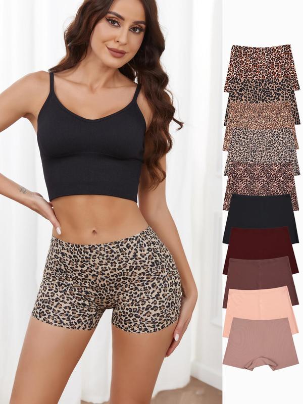 Women's Leopard Print Seamless Boyshorts, Casual Solid Color Natural Waist Panties Set, Comfy Breathable Underwear for Women, Casual Elegant Panty
