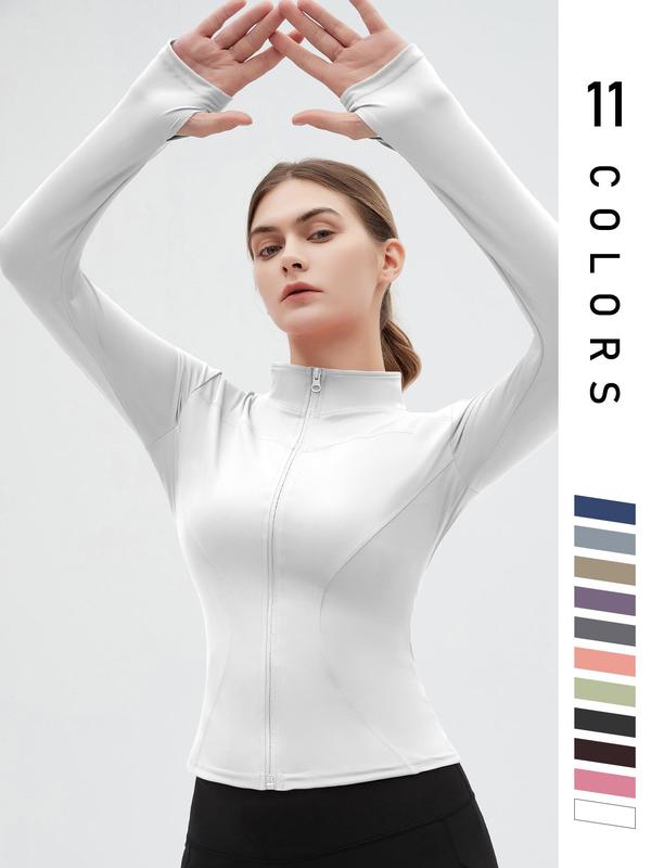 Women's Thumb Holes Zip Up Sports Jacket, Sporty Plain Long Sleeve Tops, Women's Sportswear for Tennis Pickleball Indoor Outdoor Wear, Sports Outerwear, Zip Front Jacket