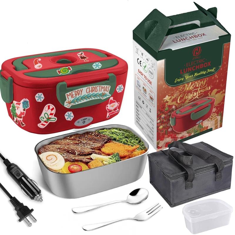 Christmas Electric Lunch Box, 1 Count Fall Winter Portable Food Heater with Random Style Tableware, Dish Cloth, and Lunch Bag, Car & Home Portable Food Heater, Heating Food Container