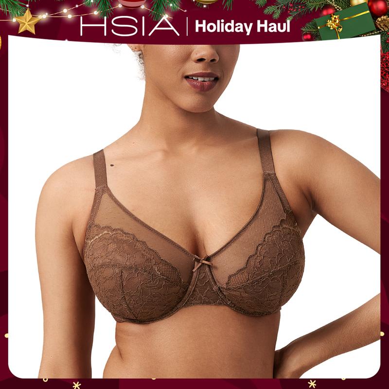 HSIA Enchante Full Coverage Floral Lace Unlined Plus Size Mesh Cup Comfort Non-padded Underwire Minimizer Bra