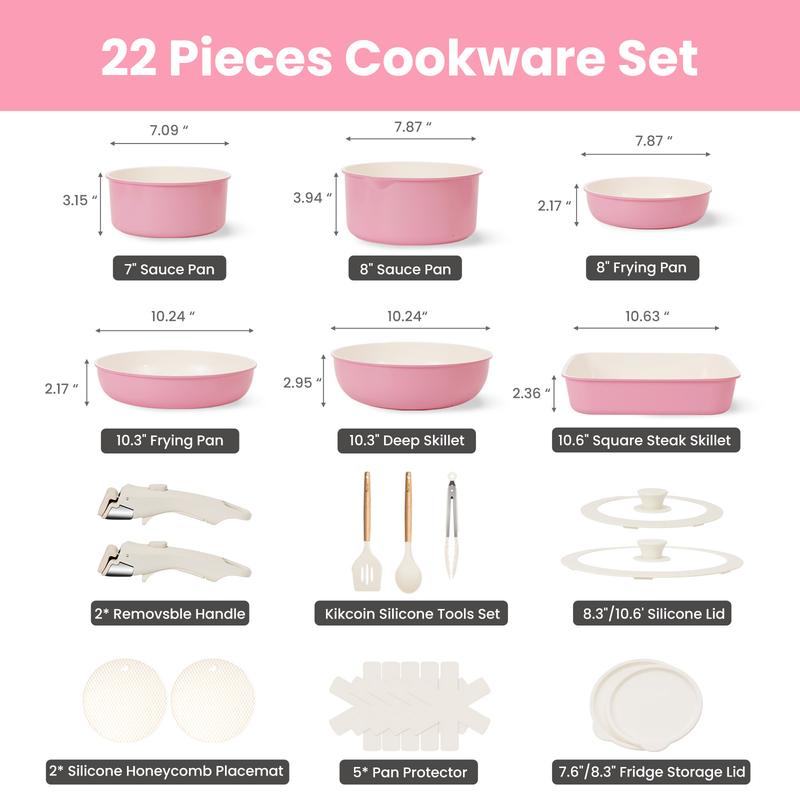 [Gift]Kikcoin Ceramic Pro Non-Stick complete pots and pans set 22pcs Non-Toxic PFOAFree,Dutch oven,Cookware Set with Lids Detachable Handle,RV cook,Multifunctional,Healthy,milk pan,Roast Chicken Outdoor,,Easy Care,Kitchen,Mother’s Day gift tikt