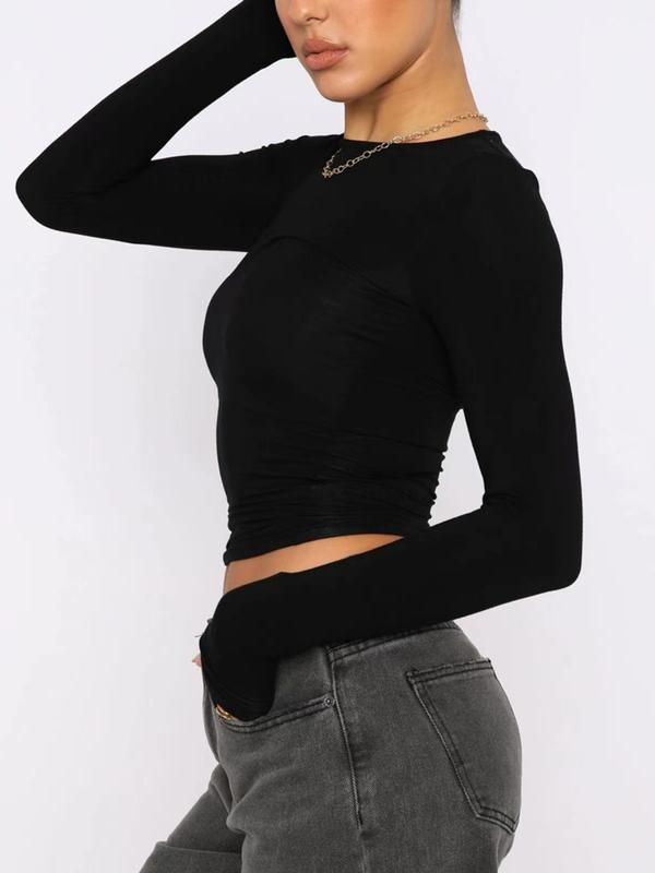 Women's Solid Round Neck Tight Long Sleeve Tee, Basic High Street Crewneck T-shirt, Ladies Top for Spring & Fall Outdoor Streetwear, T Shirts for Women, School Outfit