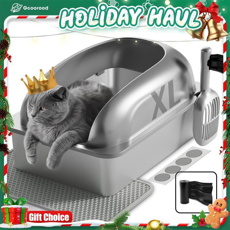 【Geoorood】Geoorood XXL Cat Litter Box Stainless Steel 20L with Lid,  XL Large Metal Litter Box High Sided Design,Anti-Urine Leakage, Include Cat Mat & Litter Scoop, Never Absorbs Odors, Easy Cleaning, Non-Sticky#Summervibes #petlovers