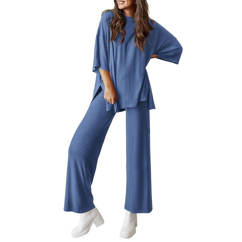 PrettyGarden Women's 2-Piece Outfits Short Sleeve Pullover Tops Split Hem Wide Leg Pants Lounge Sets, Comfy Pjs, Soft Suits-Womenswear Loungewear Nightwear#SwimWeek#Summervibes