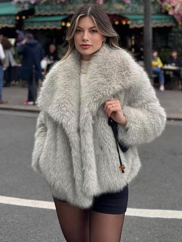 Women's Solid Color Faux Fur Fitted Jacket, Casual Long Sleeve Collared Fuzzy Coat for Fall & Winter, Women's Clothing for Daily Wear, Lady Outerwear, Womenswear, Outfit